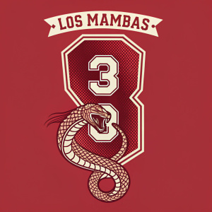 A graphic design featuring 'Los Mambas' logo, inspired by the Mamba Mentality. Solid red background. Numerals '3' prominent, symbolizing Kobe Bryant's legacy