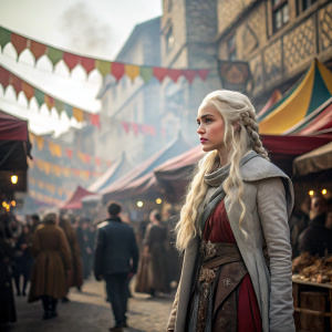 Emma Isabella Clarke as Daenerys Targaryen, standing in the middle of a bustling medieval market. Her platinum blonde hair contrasts against the vibrant, colorful backdrop. The bustling crowd and various stalls create a lively atmosphere.