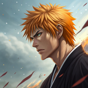 Illustration of Ichigo Kurosaki, protagonist from Bleach. Spiky orange hair, determined face, realistic skin texture. Background is vivid and colorful, depicting a battle scene.