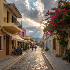 A tranquil street in Paleochora, Crete, Greece. Cobblestone path lined with pastel-hued buildings and vibrant awnings. Small crowd of locals and tourists leisurely walking. Occasional vehicles in the distance. Sunny day with patches of clouds.