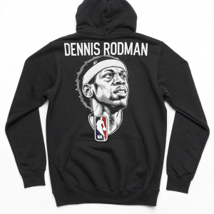 Dennis Rodman's face printed on a black hoodie. NBA logo on front