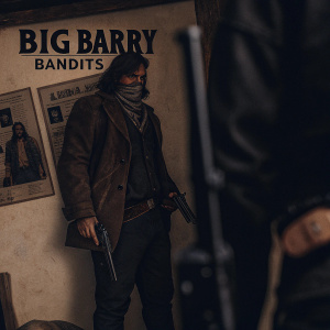 In a gritty comic scene, Big Barry, a burly character from the Bandits series, stands menacingly. Dressed in rugged brown attire, he carries a gun at his side. The page is filled with various sketches showcasing his tough demeanor and different poses. A wanted poster in the background details his outlaw status. The textured, beige backdrop adds depth to the illustration.