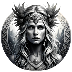 Freya - Nordic Goddess perfect realistic art, high-definition grey and black, white background tattoo design