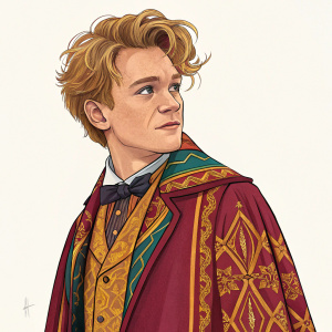 Fan art illustration of Gilderoy Lockhart from Harry Potter series. Vibrant colors and detailed depiction of Lockhart's flamboyant attire and features.