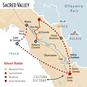 Interactive map of the Sacred Valley, highlighting Ollantaytambo and other key landmarks. Includes Inca ruins, natural sites, and cultural points of interest.
