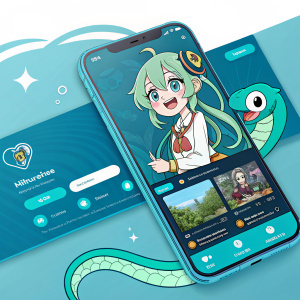 Hololive En app featuring Ninomae In'anis, a snake-themed virtual YouTuber. Blue and teal interface with animated graphics. Video section highlights