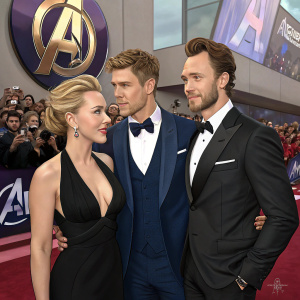 Scarlett Johansson, Chris Hemsworth, and Tom Hiddleston at the Avengers: Endgame premiere. Scarlett in black halter-neck dress, Chris in navy suit, Tom in classic black tuxedo. Red carpet event with flashing cameras and fans.