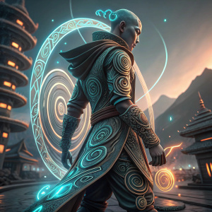 3D render of Avatar Aang. Futuristic aesthetic, intricate design with swirling patterns.