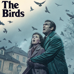 Movie poster for 'The Birds'. Rod Taylor and a scared woman stand amidst a flurry of attacking birds. Vintage color palette