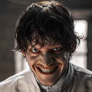 Close-up portrait of Ramsay Bolton. Intense, menacing smile.