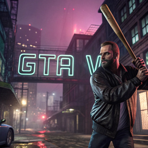 Trevor from Grand Theft Auto V wielding a baseball bat in a gritty, urban environment. The backdrop is a neon-lit cityscape with the GTA V logo prominently displayed.