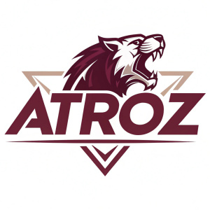 An aggressive and modern logo for the brand ATROZ. The logo is composed of sharp, angular lines in a deep maroon hue, set against a clean white background.
