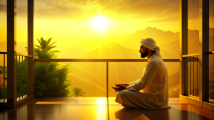 the serenity of a young Arab man enjoying a mindful moment of meditation on his balcony against a backdrop of vibrant yellow, the warm sunlight enhancing his inner peace