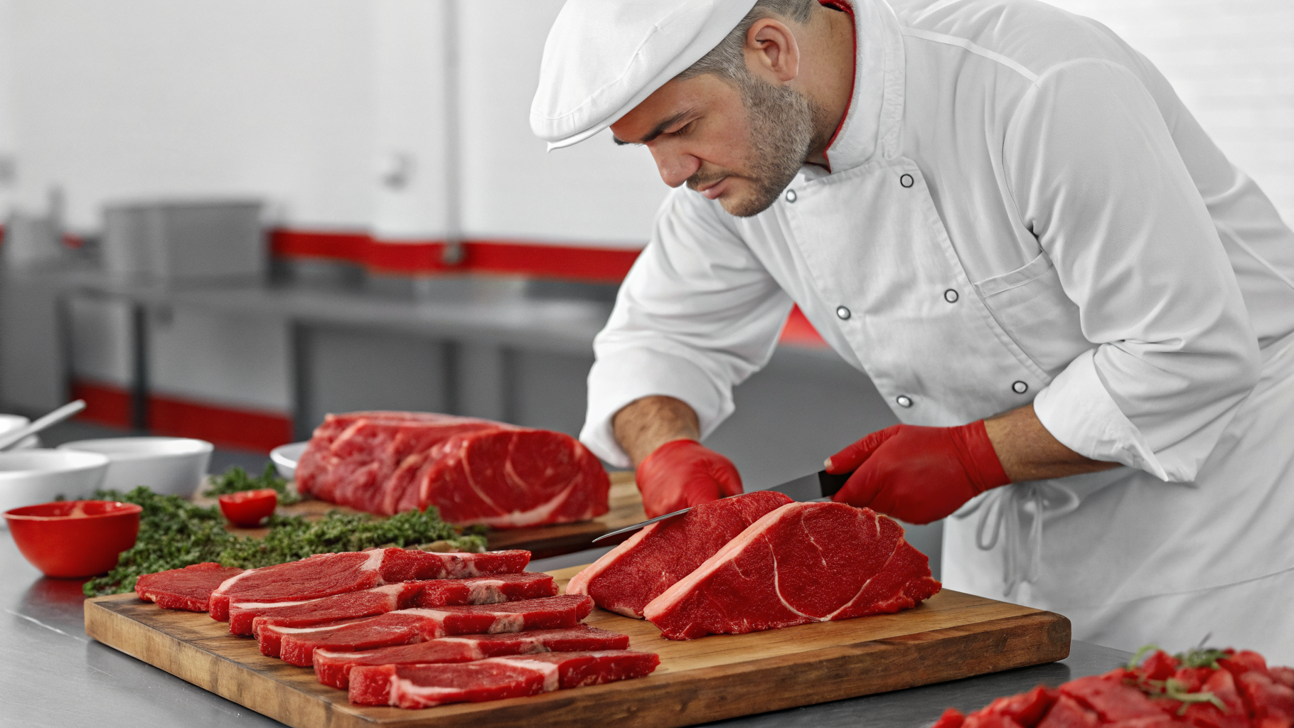 Skilled butcher preparing fresh cuts of meat on a wooden block