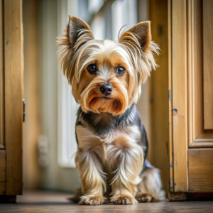 Perra yorkshire terrier hembra color crema y negro, con mirada muy triste, mirando hacia una puerta 