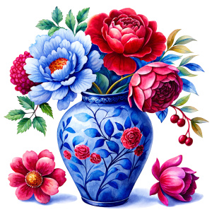 a blue Chineese traditional motiffs decorated Vase on a white wall, THERE ARE IN THE VASE : watercolor tomato red Peonies,burgundy PEONIES , ruspberry Bougainvillea, dandelion ,geranium,LIME Narcissus, ruby crocus,navy blue daffodil ,orange roses ,amaranth Damarion s, red tulips ,deep carrot freesia ,sienna orange lavender Common Crape Myrtle ,Watsonia ,tritoma.carmine Chandramallika, burgundy PEA, burgundy ,SISYMBRIUM,YELLOW CHAMOMILE,KNAPWEED,candy floss pink wax flower , teracotta bluebell fl