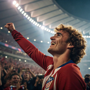 Antoine Griezmann, with curly hair, celebrating inside a crowded stadium. Fans and bright lights all around.