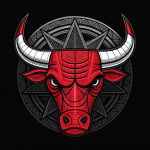 Digital rendering of the Chicago Bulls emblem. A fierce bull's head in vibrant red set against a sleek black background, surrounded by detailed geometric patterns.