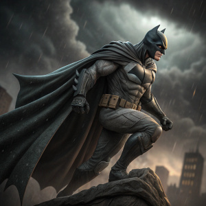 Digital art of Batman figurine in dynamic pose. Detailed cape, grim expression. Batman Hush series by Prime1 Studio. Dark, stormy background.