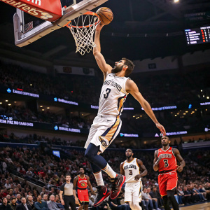Nikola Mirotic, wearing New Orleans Pelicans jersey number three, attempts a slam dunk. Crowded court, packed with fans