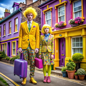 anime style very brightly dressed man in striped yellow suit , he has big yellow hair,he wears glasses, the suit has some purple flowers,with flowery small suitcase in a brightly painted tearraced house  road in south wales,uk, he has his sister with him, she looks outrageously dresses, she has mauve hair and pink socks and purple boots