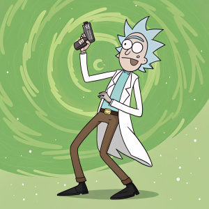 Rick Sanchez from 'Rick and Morty' animated series. He wears a lab coat, brown pants, and black shoes. Holding a device in one hand. Green swirling background.