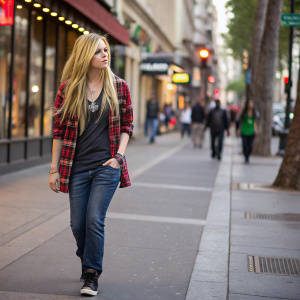 Avril Lavigne, in a casual outfit with plaid shirt and jeans, walking on a bustling city street.