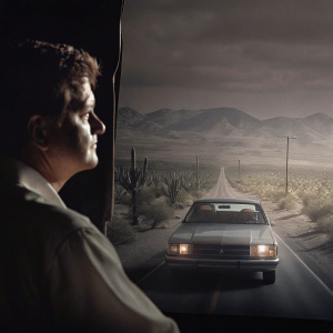 Promotional album cover for 'On the Road' soundtrack featuring Gustavo Santaolalla. A lone car driving through a vast desert landscape, surrounded by cacti.