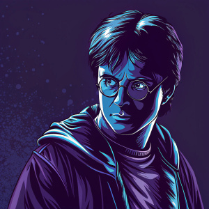 Sketch of Harry Potter, glasses, scar, and robes. Dark, textured background