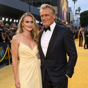 Anette Qviberg and Dolph Lundgren at the star-studded premiere. Golden carpet, celebrities and fans around.