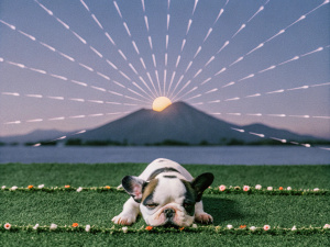 Puppy French Bulldog resting peacefully on the freshly cut grass, around it you can see small multi coloured flowers growing randomly, the Sun is on the horizon causing its rays to illuminate its beautiful fur from behind, providing a charming atmosphere to the scene, in the background a mountainous landscape It stands imposingly in the distance, the sun's rays illuminating it with serenity and calm. Dripped Background, Vibrant Colors, Dry Color Explosions behind the dog.