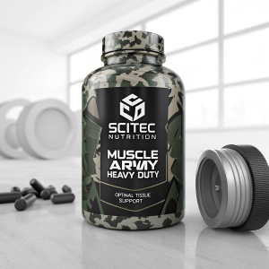 Scitec Nutrition's Muscle Army Heavy Duty supplement, designed with a tactical camouflage pattern, promoting optimal tissue support.