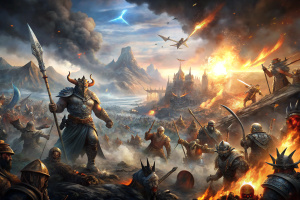 BACKGROUND OF GODS FROM NORSE MYTHOLOGY FIGHTING, ON THE BATTLEFIELD, WITH SOLDIERS AROUND, CITIES DESTROYED,