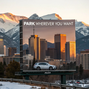 In the heart of downtown, an Audi ad stands out amidst skyscrapers. The billboard features a snowy mountain range, bathed in golden light. The text 'Park wherever you want' catches the eye, inviting viewers to explore beyond the concrete jungle. Below, the sleek Audi logo gleams, a symbol of modern luxury and freedom.