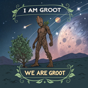 Infographic of Groot. Characteristics: Plant-like appearance, large size, iconic phrases. Background: Cosmic landscape.