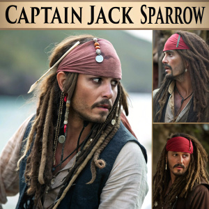 A dynamic collage featuring Johnny Depp as Captain Jack Sparrow from 'Pirates of the Caribbean' series. Various angles and moments of the character showcasing his iconic appearance and demeanor. Text reads 'CAPTAIN JACK SPARROW' in bold letters.