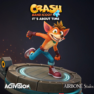 Promotional 3D render for Crash Bandicoot 4: It's About Time. Futuristic Crash Bandicoot and Tawna in action poses. Dark, graphic background. Activision and Airborne Studios logos prominently displayed.
