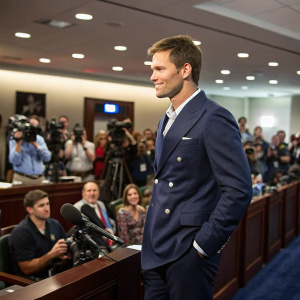 Tom Brady at a press conference. Wearing a navy blue suit, posing confidently. Crowd of reporters in the background.