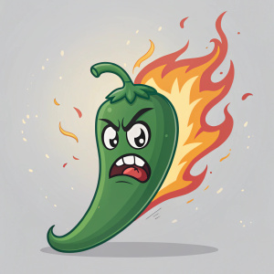 Angry jalapeño emoji with flames, set against a gray backdrop.
