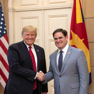 Formal portrait of President Donald Trump and Governor Doug Ducey shaking hands in front of the state flag backdrop.