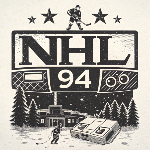 Vintage video game NHL 94 logo. The title 'NHL 94' in bold block letters. Year '94 beneath in smaller font. Black and white color scheme
