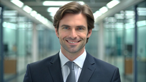 portrait of successful  businessman consultant looking at camera and smiling inside modern office building