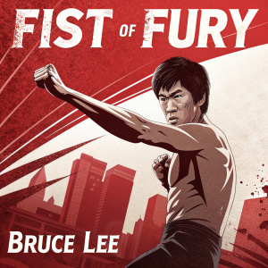 A vibrant movie poster for 'Fist of Fury' starring Bruce Lee. The design features a bold, red and white color palette with Lee in an intense action pose.