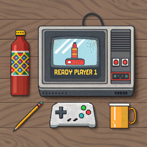 8-bit pixel art depicting a classic game console, CRT TV screen, Ready Player 1 logo, a bottle, pencil, and cup on a wooden surface.