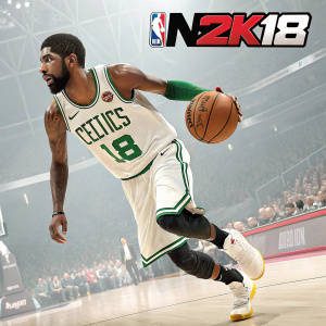 Kyrie Irving, star of the NBA 2K18 video game cover. Professional basketball player in an action shot. Developed by 2K Sports and published by 2K Games.