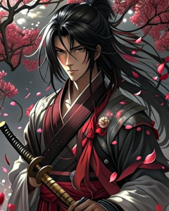 a samurai with a katana in his hands stands near the sakura