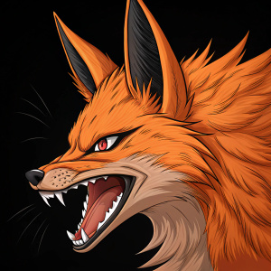 Nine-tailed fox from Naruto series, fierce expression, gaping mouth, sharp teeth, dark outlines around ears and face, orange fur, black background