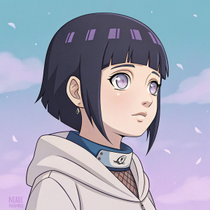 Hinata Hyuga from Naruto, youthful appearance, delicate facial features, short dark hair with blunt cut, large ethereal eyes. Pastel gradient background.