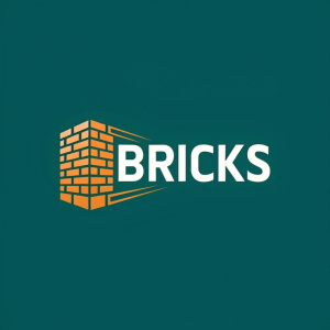 Logo design for Bricks brand. Stylized brick structure graphic alongside sans-serif font name. Teal background