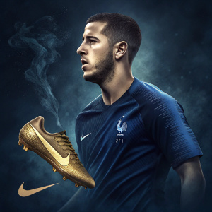 Professional soccer player Eden Hazard in a sleek Nike advertisement. Wearing a navy blue jersey with visible branding, posed intensely with a golden cleat floating beside him. Dark, moody background with shades of blue. High-resolution image designed for digital and print media.